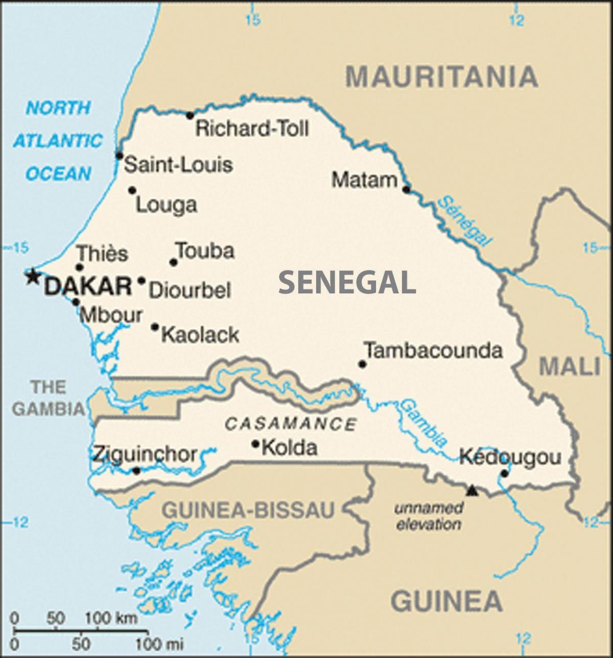 mapa ng Senegal at mga nakapaligid na mga bansa